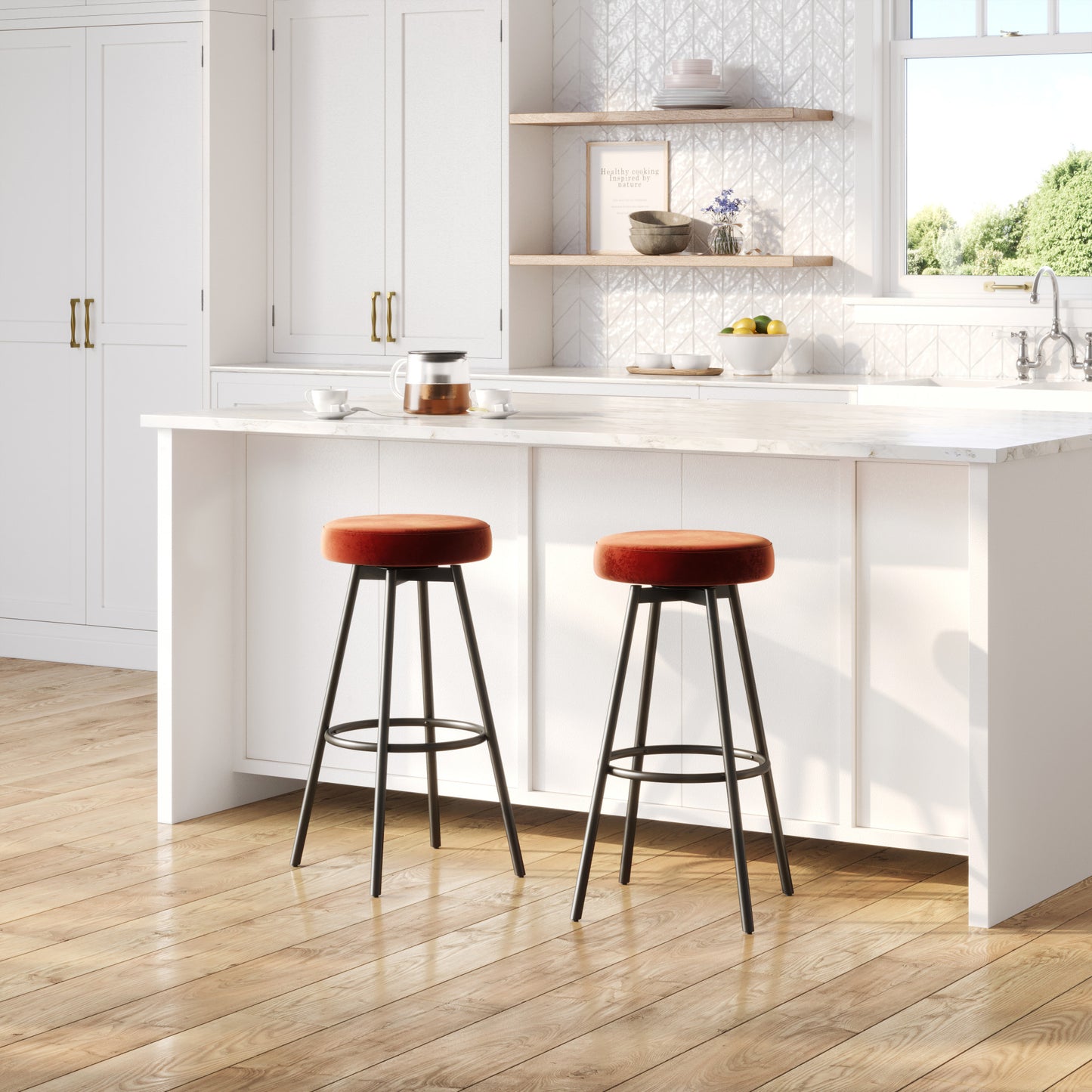 Modern Glam Upholstered Faux Velvet Bar Stool – Rust