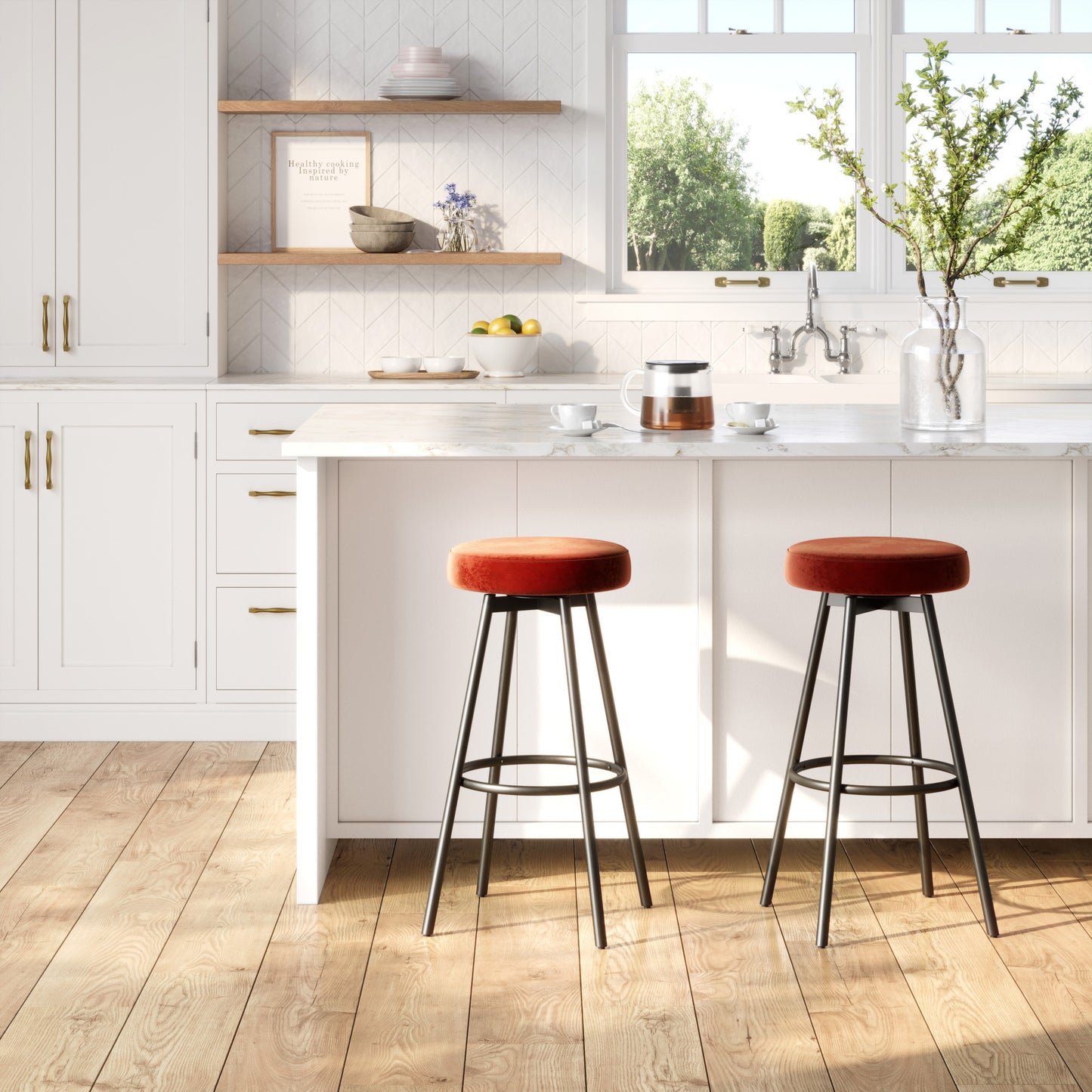 Modern Glam Upholstered Faux Velvet Bar Stool – Rust