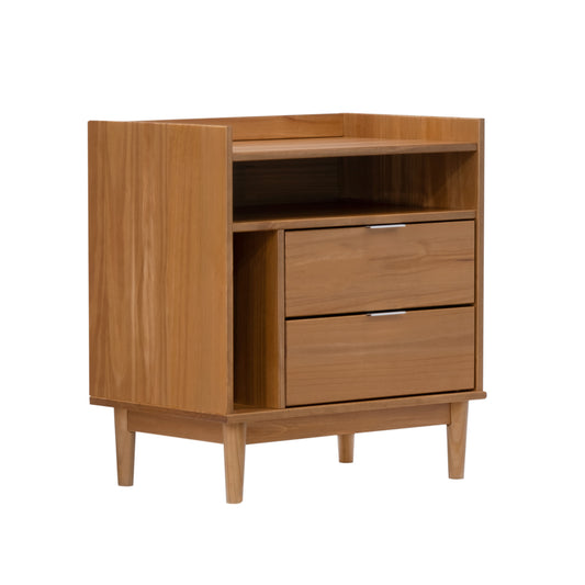 Mid-Century Modern Solid Wood 2-Drawer Gallery Nightstand - Caramel