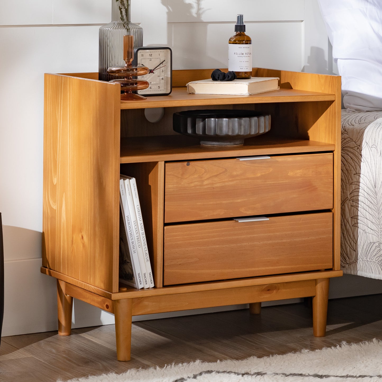 Mid-Century Modern Solid Wood 2-Drawer Gallery Nightstand - Caramel