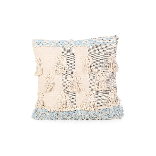 Stacy Boho Cotton Pillow Cover, Natural And Light Blue