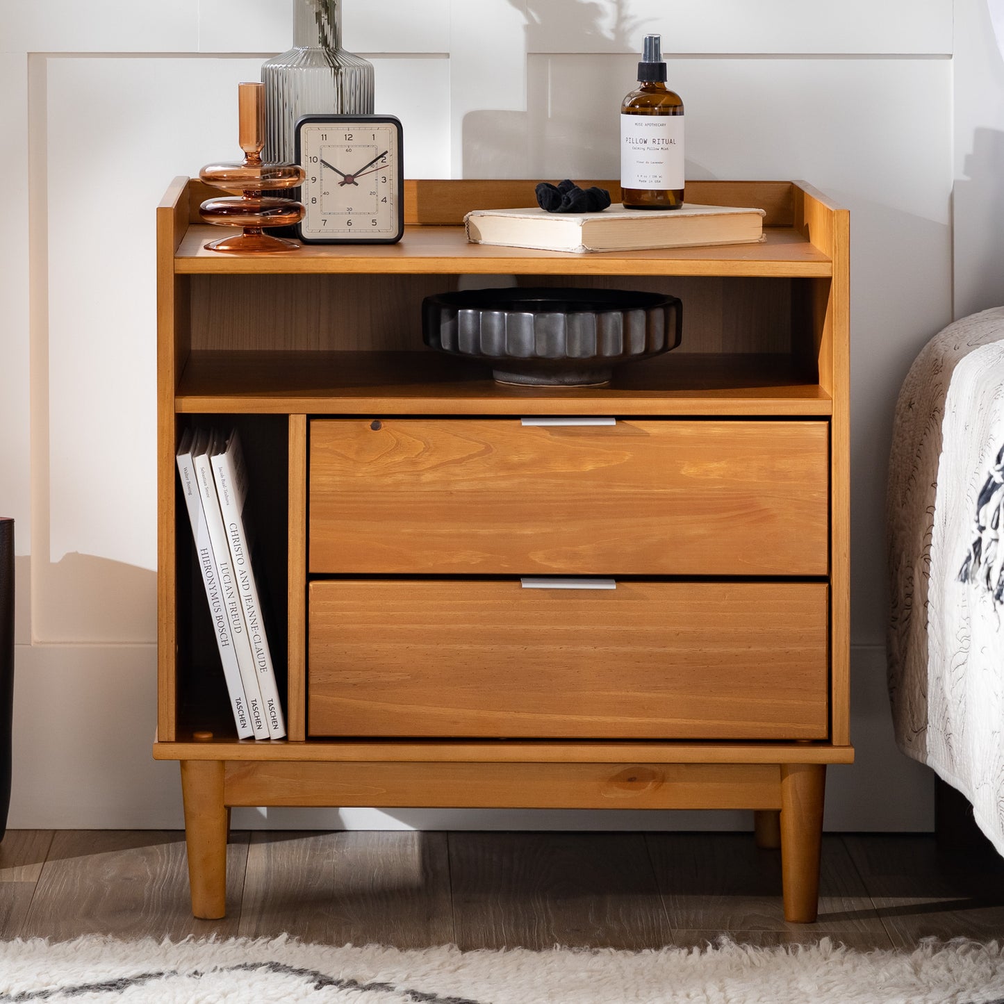 Mid-Century Modern Solid Wood 2-Drawer Gallery Nightstand - Caramel