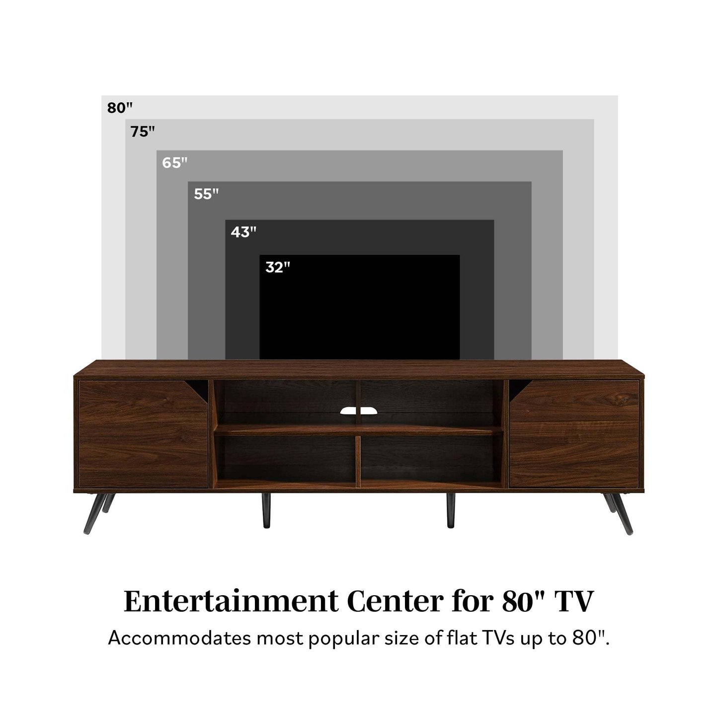 Contemporary 2-Door Minimalist TV Stand for TVs up to 80 inches – Dark Walnut