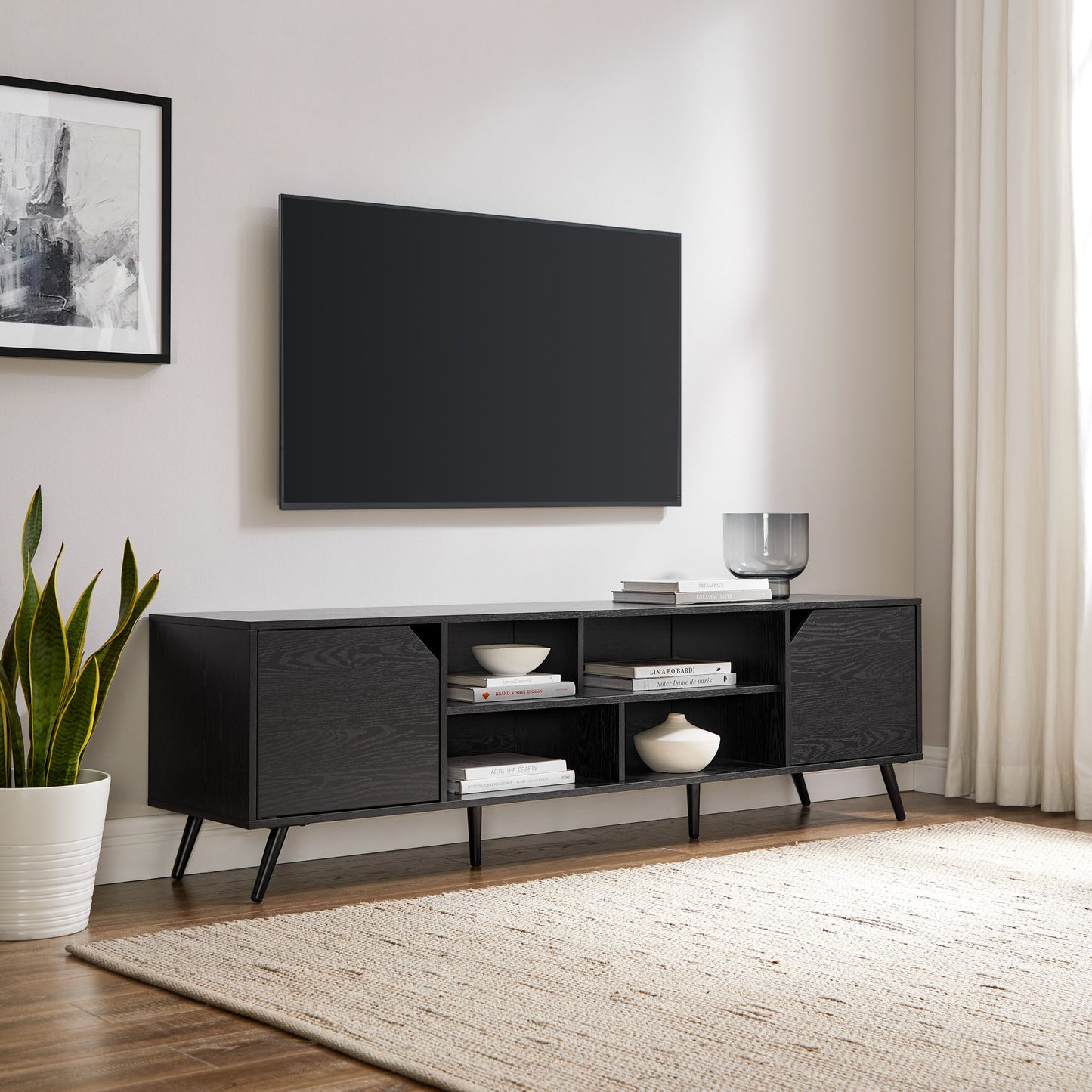 Contemporary 2-Door Minimalist TV Stand for TVs up to 80 inches – Black