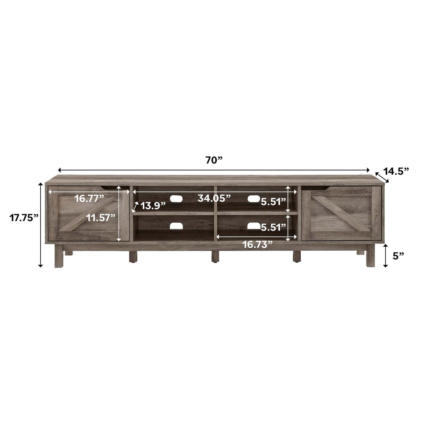 Rustic Barndoor Open-Storage TV Stand for TVs up to 80 inches – Grey Wash