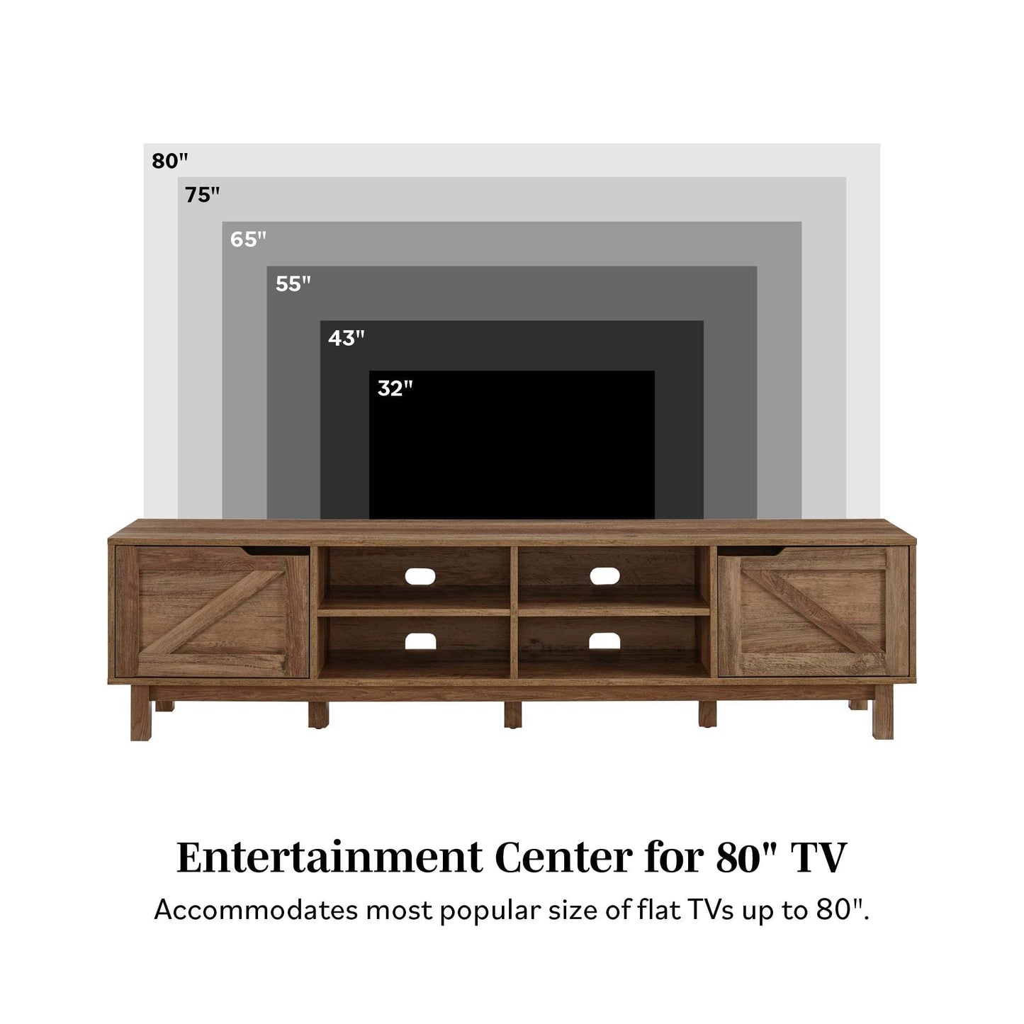 Rustic Barndoor Open-Storage TV Stand for TVs up to 80 inches – Grey Wash