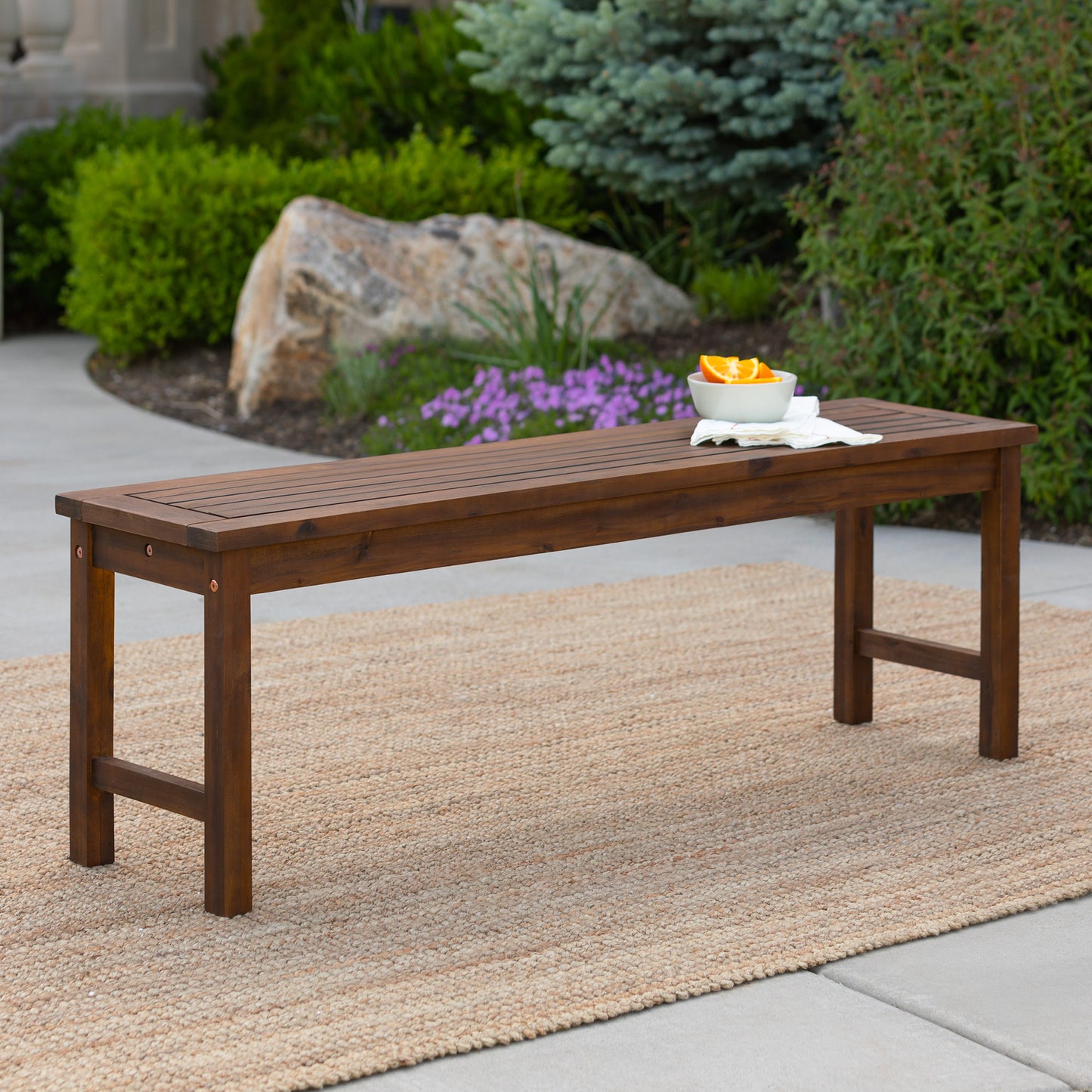 Modern Slat-Top Solid Wood Patio Bench - Dark Brown