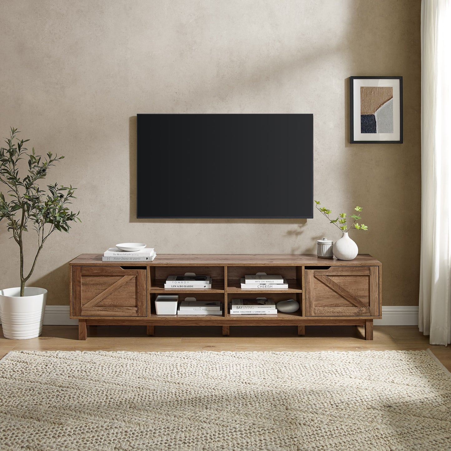 Rustic Barndoor Open-Storage TV Stand for TVs up to 80 inches – Rustic Oak